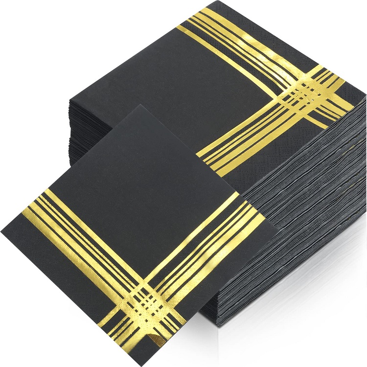 Serviettes de table noires en feuille d'or pour la décoration du festival, serviettes en papier jetables élégantes pour les célébrations de mariage et de fête